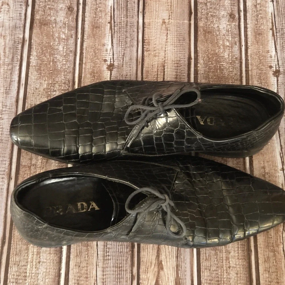 Sz 9 UK/ 10 US Mens Prada‎ Black Crocodile Embossed Leather Derby Lace Up Shoes